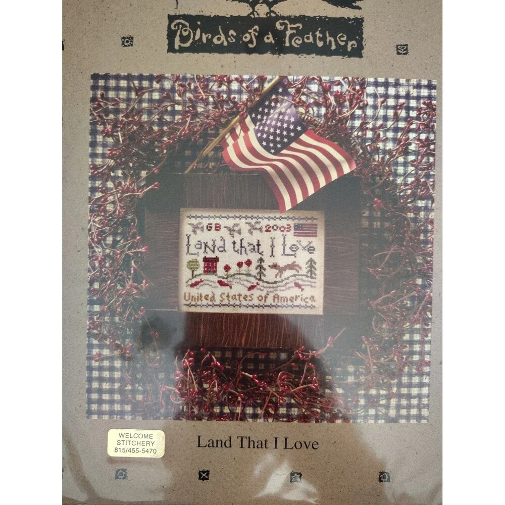 Birds of a Feather LAND THAT I LOVE Primitive Cross Stitch Chart Pattern Out of